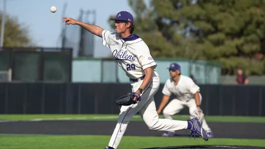 Logan Young delivers a pitch in ACU's matchup with UIW at Crutcher Scott Field at Bullock Brothers Ballpark on March 18, 2026.