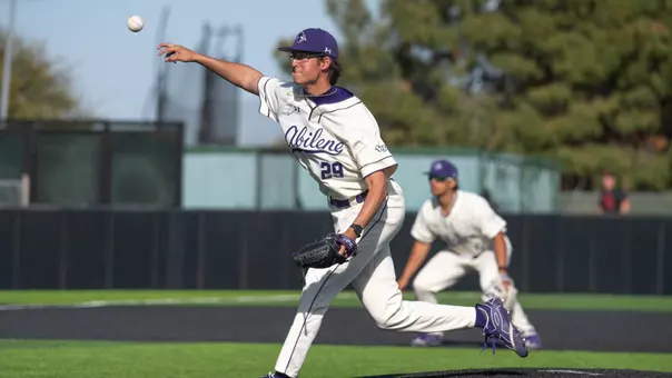 Logan Young delivers a pitch in ACU's matchup with UIW at Crutcher Scott Field at Bullock Brothers Ballpark on March 18, 2026.