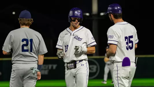 Ryan Jones points to the dugout after hitting a single in ACU's matchup with Rice at Crutcher Scott Field at Bullock Brothers Ballpark on March 6, 2026.