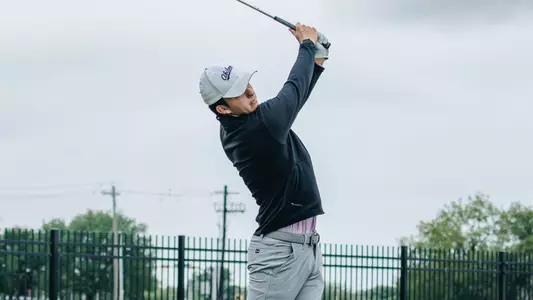 Jack Hollingsed takes a swing at an ACU men's golf practice on April 21, 2026.