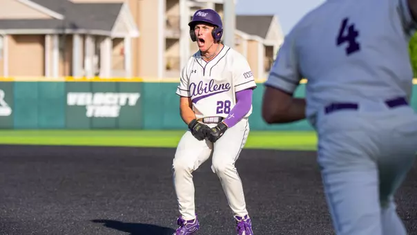 Reese Borho celebrates after hitting a walk-off single in ACU's 9-8 win over UT Arlington at Crutcher Scott Field at Bullock Brothers Ballpark on April 25, 2026.