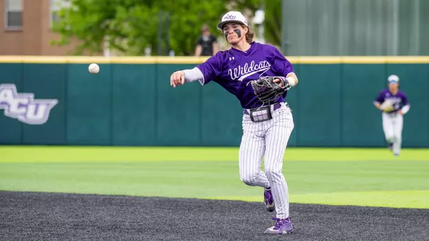JT Thompson throws a ball to first base in ACU's 4-1 win over TCU at Crutcher Scott Field at Bullock Brothers Ballpark on April 7, 2026.