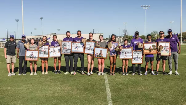 ACU track and field seniors pose up for a picture at a ceremony during the Wes Kittley Invitational on March 21, 2026