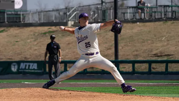 Aidan Coleman delivers a pitch in ACU's 12-11 win over Creighton in Cleburne, Texas on Feb. 28, 2026.