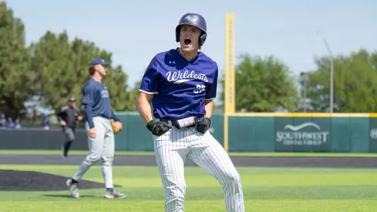 Brady Ladusau celebrates his walk-off home run in ACU's 9-8 win over California Baptist at Crutcher Scott Field at Bullock Brothers Ballpark on April 4, 2026.