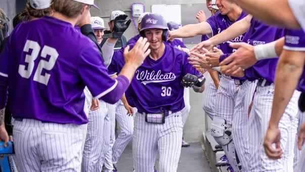 Kanon Sundgren celebrates in the dugout in ACU's 4-1 win over TCU at Crutcher Scott Field at Bullock Brothers Ballpark on April 7, 2026.
