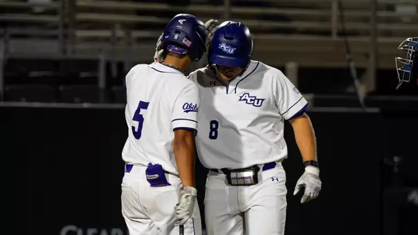 Grant Watkins celebrates his home run with Nick Arias in ACU's matchup with CBU at Crutcher Scott Field at Bullock Brothers Ballpark on April 2, 2026.