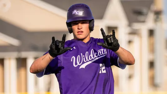 Brady Ladusau celebrates after getting on base in ACU's matchup with Dallas Baptist at Crutcher Scott Field at Bullock Brothers Ballpark on April 28, 2026.