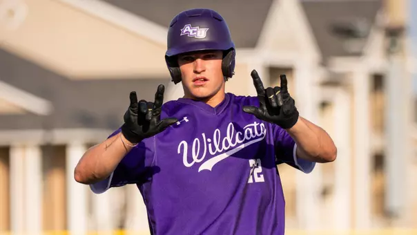 Brady Ladusau celebrates after getting on base in ACU's matchup with Dallas Baptist at Crutcher Scott Field at Bullock Brothers Ballpark on April 28, 2026.