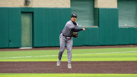 Nick Arias throws a ball to first base in ACU's series versus Indiana in Bloomington, Ind. on April 17-19, 2026.