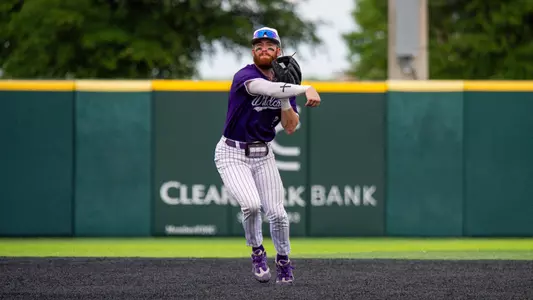 Zandt Payne makes a throw to first base in ACU's matchup with Texas Tech at Crutcher Scott Field at Bullock Brothers Ballpark on April 22, 2026.