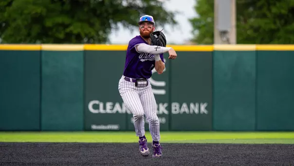 Zandt Payne makes a throw to first base in ACU's matchup with Texas Tech at Crutcher Scott Field at Bullock Brothers Ballpark on April 22, 2026.