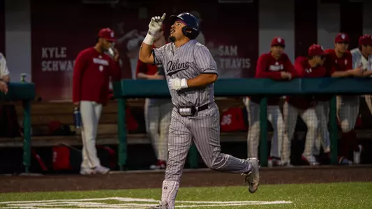 Diego Cardenas rounds the bases after hitting a home run in ACU's matchup with Indiana in Bloomington, Ind. on April 17, 2026.