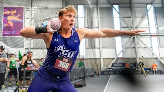 Rhet Punt throws the shot put during the 2026 WAC Indoor Championships