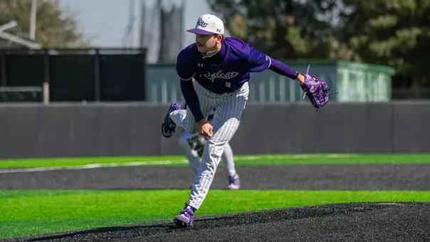 Cade McGarrh delivers a pitch in ACU's 8-7 win over Oral Roberts at Crutcher Scott Field at Bullock Brothers Ballpark on Feb. 22, 2026.