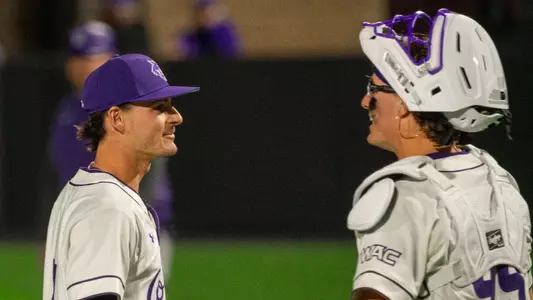 Blaine Palmer and Maddox Miesse congratulate each other in ACU's matchup with St. Thomas at Crutcher Scott Field at Bullock Brothers Ballpark on Feb. 14, 2026.