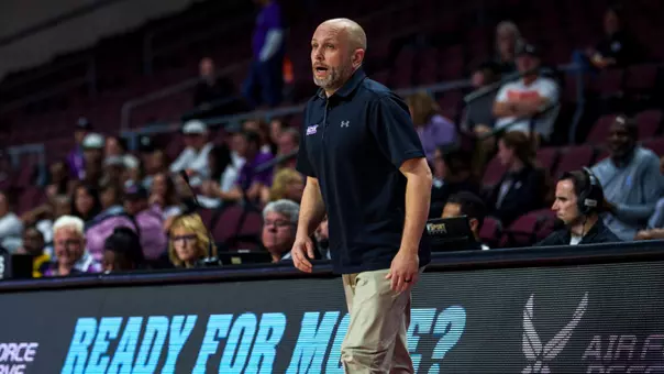 Brette Tanner coaches during the 2026 WAC Tournament in Las Vegas.