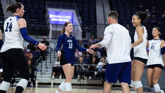 ACU volleyball celebrates a point in a scrimmage versus Ranger College at Moody Coliseum on April 11, 2026.