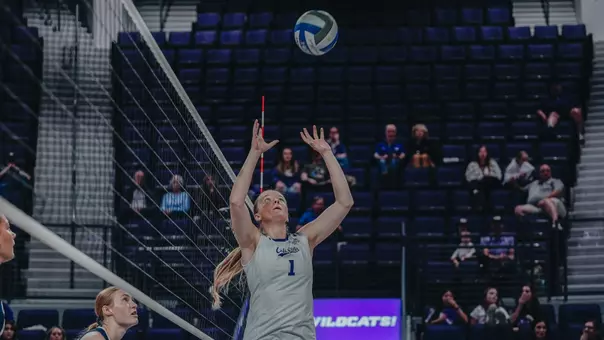 Becca Siedenburg sets a ball in ACU's 3-0 win over California Baptist at Moody Coliseum on Nov. 13, 2025.