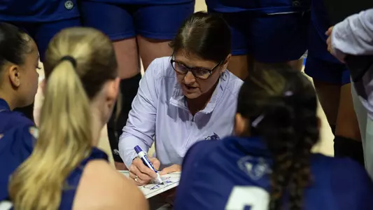 Julie Goodenough speaks to the team during a timeout in ACU's matchup with Illinois State in Normal, Ill. on March 27, 2026.