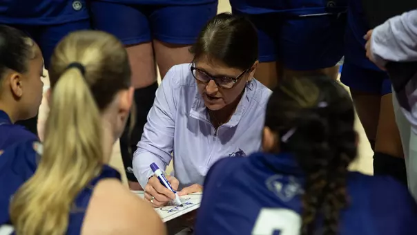 Julie Goodenough speaks to the team during a timeout in ACU's matchup with Illinois State in Normal, Ill. on March 27, 2026.