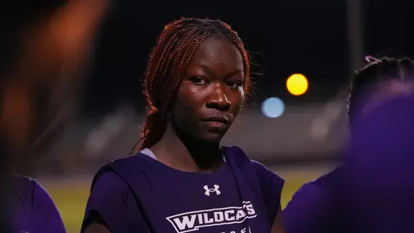 Nia Leslie in a postgame huddle after an exhibition match against Texas State on Aug. 8, 2026.