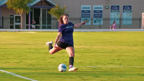 ACU soccer player kicks a ball during exhibition vs. Texas State on Aug. 8, 2026