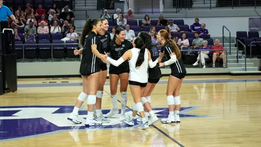 ACU volleyball celebrates a point in its exhibition versus Texas Tech at Moody Coliseum on Aug. 14, 2026.