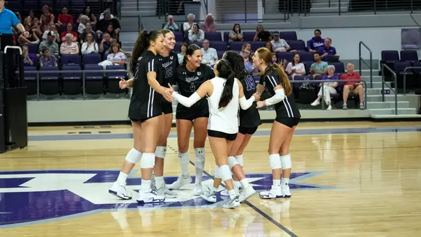 ACU volleyball celebrates a point in its exhibition versus Texas Tech at Moody Coliseum on Aug. 14, 2026.