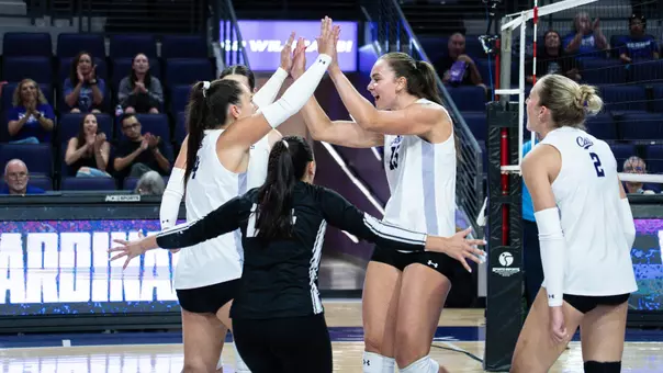 Hadlee Welch celebrates a point in ACU's 3-1 win over Lamar at Moody Coliseum on Aug. 28, 2026.
