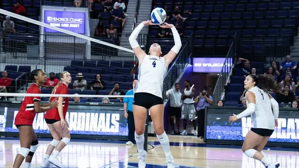 Rachel Koss sets an attack in ACU's 3-1 win over Lamar at Moody Coliseum on Aug. 28, 2026.