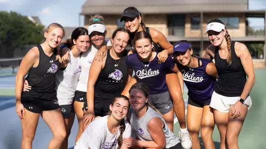 Members of the 2026-27 ACU women's tennis team pose after a practice on Sept. 3.