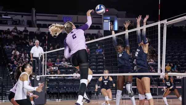 Avery Thaler delivers an attack in ACU's 3-0 win over Oral Roberts in Tulsa, Okla. on Sept. 12, 2026.