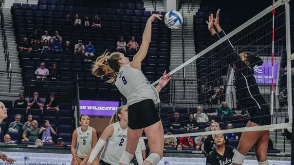 Annaleise Sevier delivers an attack in ACU's 3-1 win over Stephen F. Austin at Moody Coliseum on Sept. 19, 2026.