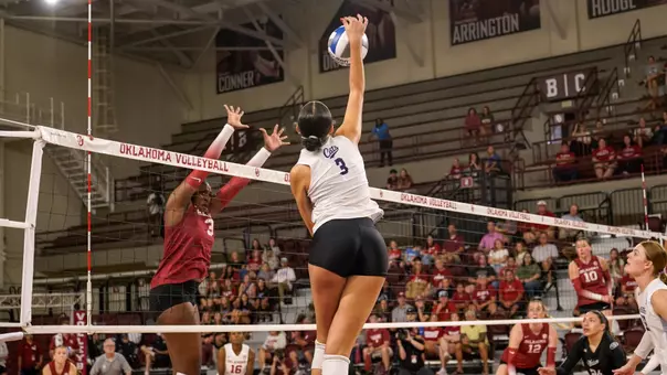 Alyssa Todd delivers an attack in ACU's matchup with Oklahoma in Norman, Okla. on Sept. 13, 2026.