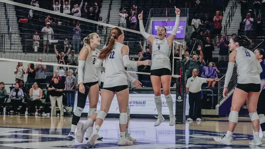 Rachel Koss celebrates a point in ACU's 3-1 win over Stephen F. Austin at Moody Coliseum on Sept. 19, 2026.