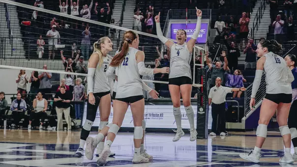 Rachel Koss celebrates a point in ACU's 3-1 win over Stephen F. Austin at Moody Coliseum on Sept. 19, 2026.