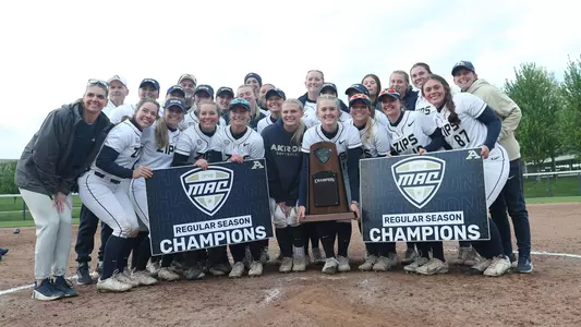 Celebration photo of the Akron Zips Softball team after winning the regular season