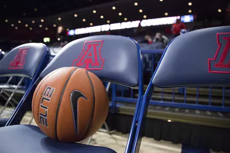 A Nike Arizona basketball rests before a game in McKale Center