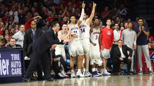 The Arizona bench celebrates during a game versus CSU Bakersfield.