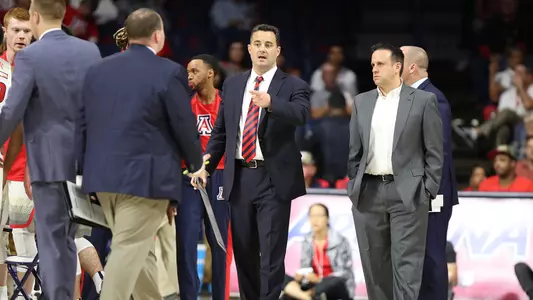 Head Coach Sean Miller clarifies a call heading into a media timeout.