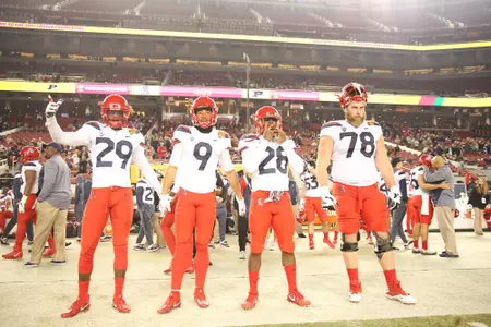 December 27, 2017. Senior captains Jarvis McCall, Jr. (29), Dane Cruikshank (9), Nick Wilson (28), and Jacob Alsadek (78) during the Wildcats 38-35 loss to the Purdue Boilermakers at the Foster Farms Bowl. Levi Stadium, Santa Clara, CA.