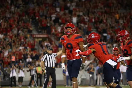 October 14, 2017. Junior cornerback Jace Whittaker (17) and senior defensive back Dane Cruikshank (9) during the Wildcats 47-30 win over the UCLA Bruins. Arizona Stadium, Tucson, AZ.