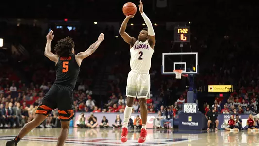 Brandon Williams hits a three-pointer versus Oregon State.