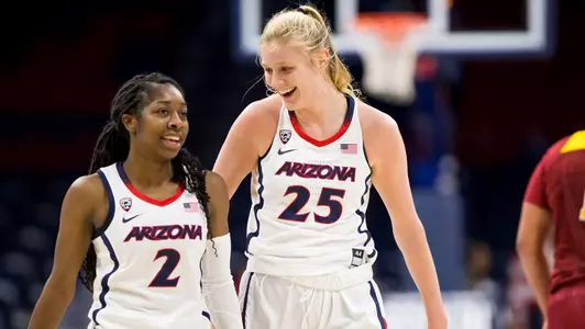Sophomore guard Aari McDonald, 2, and freshman forward Cate Reese, 25