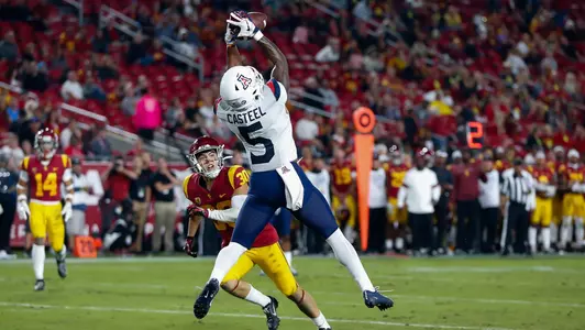 Arizona Wildcats wide receiver Brian Casteel (5) leaps for a touchdown score, Arizona Wildcats football vs. USC 10/19/19 in Los Angeles, Calif.Photo by Mike Christy / Arizona Athletics