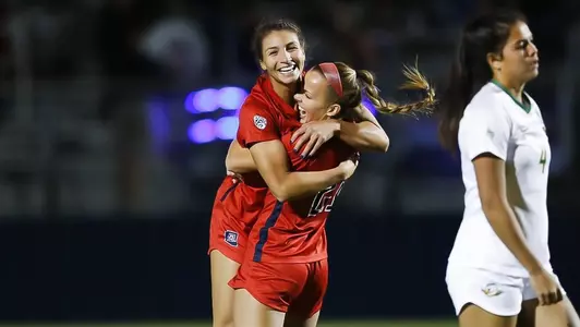 Arizona Wildcats forward Jill Aguilera (14) and Arizona Wildcats midfielder Iliana Hocking (21) celebrate a goal, Arizona Wildcats soccer vs. Oregon 10/25/19 in Tucson, Ariz.Photo by Jacquie Harbour / Arizona Athletics