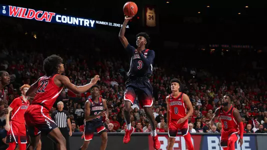Arizona Wildcats guard Dylan Smith (3) lofts a shot Arizona Wildcats men's basketball 9/27/19 in Tucson, Ariz.Photo by Mike Christy / Arizona Athletics