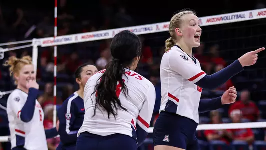 Paige Whipple, right, reacts during the Arizona Wildcats volleyball game vs. Samford 8/31/19 in Tucson, Ariz.Photo by Mike Christy / Arizona Athletics