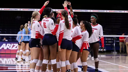 The team celebrates the match win during the Arizona Wildcats vs. Loyola Marymount volleyball game 8/30/19 in Tucson, Ariz.Photo by Mike Christy / Arizona Athletics
